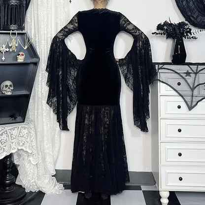 Y2K Goth Floral Lace Mesh Flared Sleeve Bodycon Party Dresses Sexy Vintage Elegant Black Velvet V-Neck Long Dress Partywear