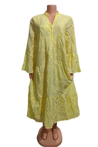 Dresses for Dresses Spring Summer Shirt Dress 2024 White dresses V-Neck Flared Sleeves Lace Hollow Solid Color Sexy Long Dresses