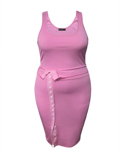 LW Plus Size Cami Button Design Skirt Set Sleeveless Round Neck Tank Top Slit Wrapped Skirt Summer Causal Solid Suit Outfit