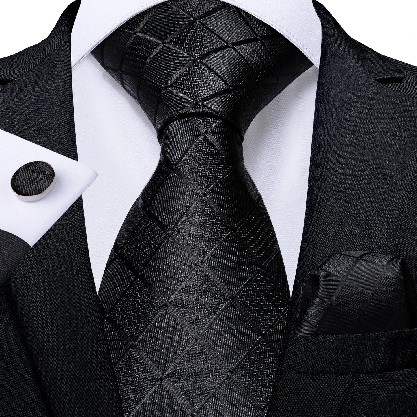 Men's Black Ties Handkerchief Cufflinks Business Formal Floral Striped Solid 8cm Necktie Gift for Husband Wedding Accessories