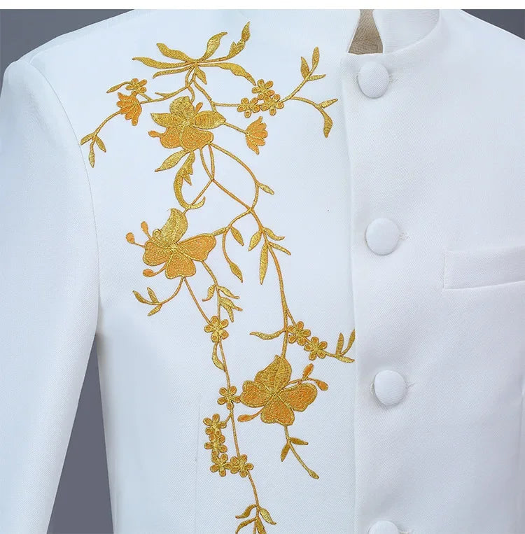 New Men Stand Collar Embroidery Suit 2 Piece Black / White / Red Fashion Male Stage Party Perform Blazer and Trousers