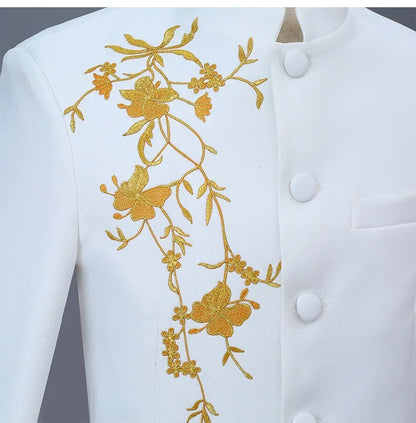 New Men Stand Collar Embroidery Suit 2 Piece Black / White / Red Fashion Male Stage Party Perform Blazer and Trousers