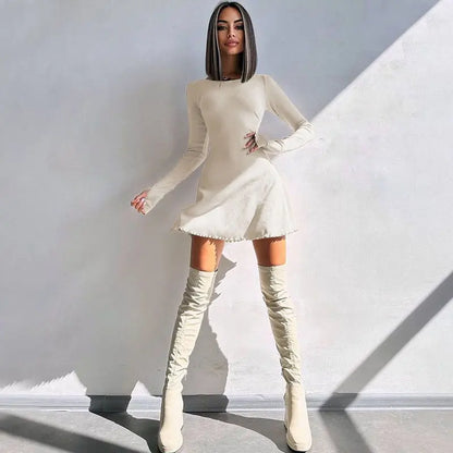 Spring Elegant Pretty Women Dresses New Black Sexy Short Dress Female V Neck Long Sleeve Slim Solid Color Mini Dress
