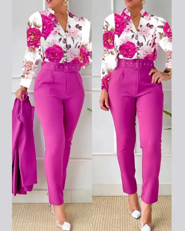 Women's Elegant Autumn/Winter Printed V-Neck Long Sleeve Button Shirt Top Fashion Solid Color Long Pants 2 Piece Set With Belt