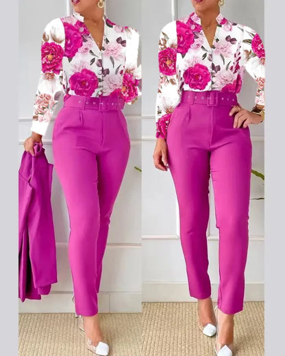 Women's Elegant Autumn/Winter Printed V-Neck Long Sleeve Button Shirt Top Fashion Solid Color Long Pants 2 Piece Set With Belt