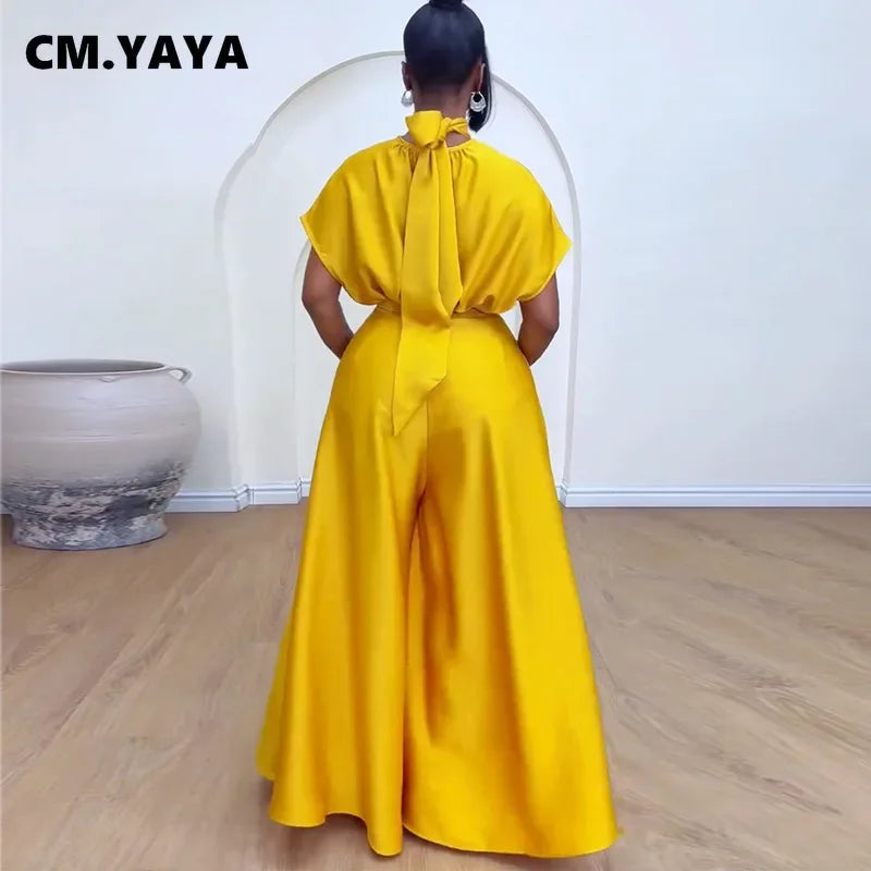 CM.YAYA Women's Set satin Short Sleeve Turtleneck Shirt+wide Leg Pants 2024 Fall Streetwear OL Two 2Piece Sets Outfits Tracksuit