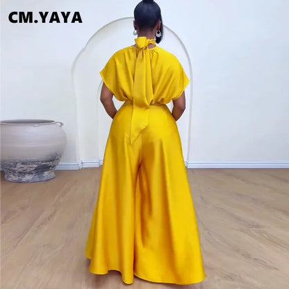 CM.YAYA Women's Set satin Short Sleeve Turtleneck Shirt+wide Leg Pants 2024 Fall Streetwear OL Two 2Piece Sets Outfits Tracksuit