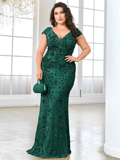 XUIBOL Plus Size  Elegant Sequin Evening Dress Long 2024 Women Mermaid Formal Deep V-neck Prom Luxury Wedding Party Dresses