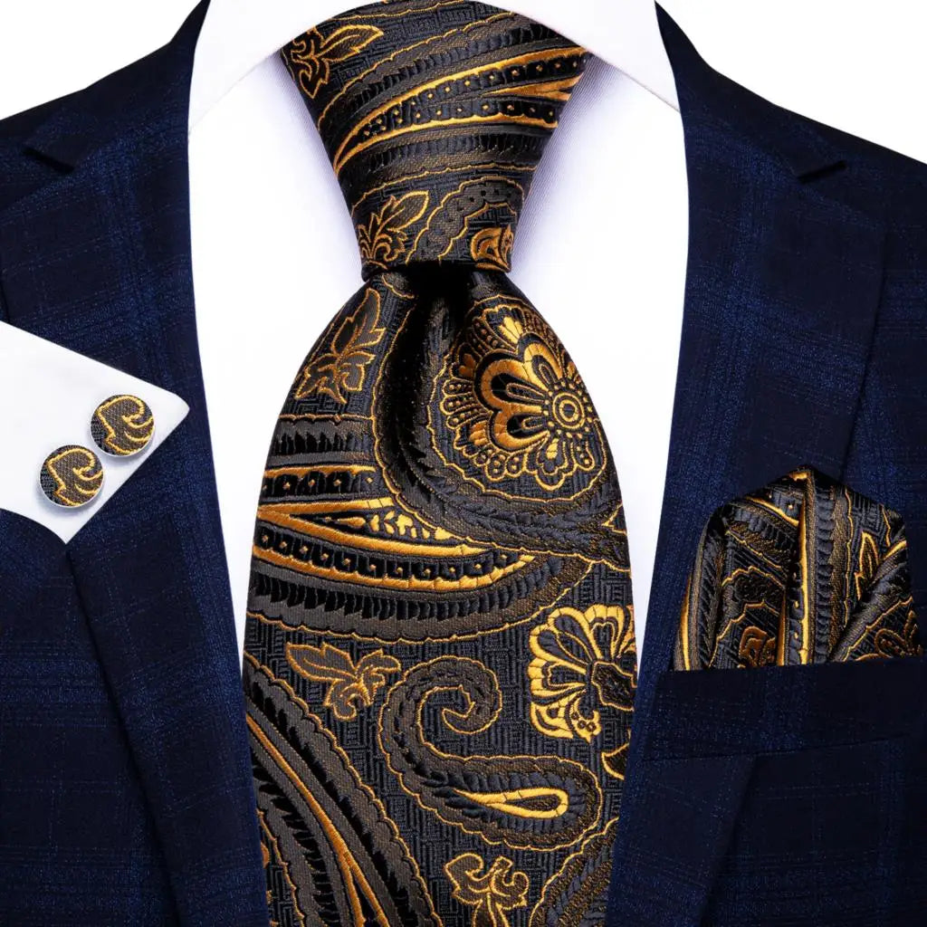 Hi-Tie Psialey Black Gold Silk Elegant Tie For Men Groom Wedding Men Necktie Pocket Square Cufflink Accessory Wholesale Designer