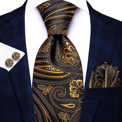 Hi-Tie Psialey Black Gold Silk Elegant Tie For Men Groom Wedding Men Necktie Pocket Square Cufflink Accessory Wholesale Designer