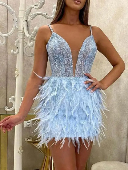 Elegant Blue Short Feather Dress Sexy Ladies Banquet Evening Dress Bodycon Bandage Streetwear Party Elegant Autumn Winter Club