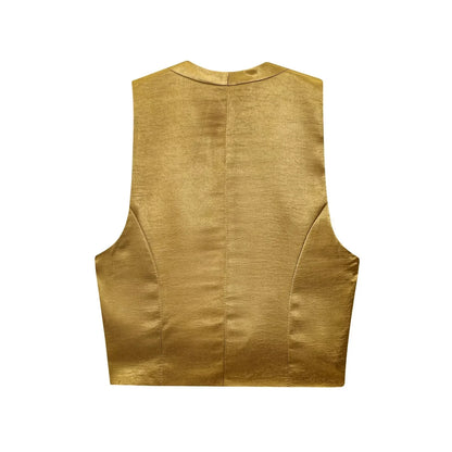 KONDALA Casual Chic Yellow Satin Women Suits V Neck Buttons Vest High Waist Wide Leg Pants Fashion 2025 Summer Holiday Suits