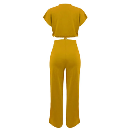 Women Casual Round Neck Drawstring Short Sleeve Top & High Waist Pants Set Summer Solid Two Piece Suit Sets Outfits Set Female