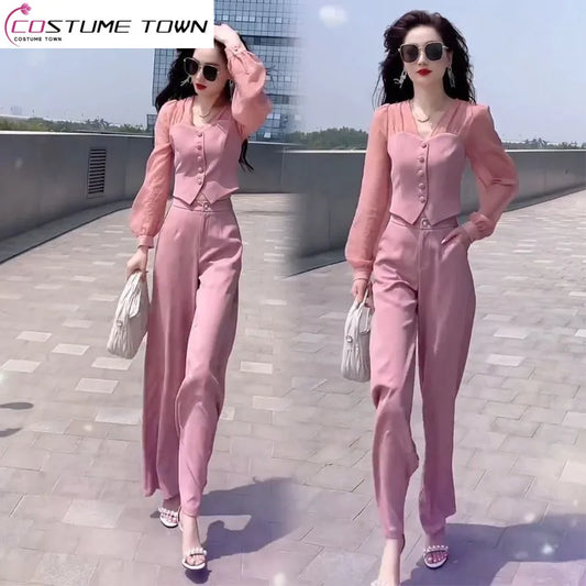 Women's Two Piece Set 2023 Spring/Summer New Casual Celebrity Top Drop Wide Leg Pants Set Women's Summer Trend