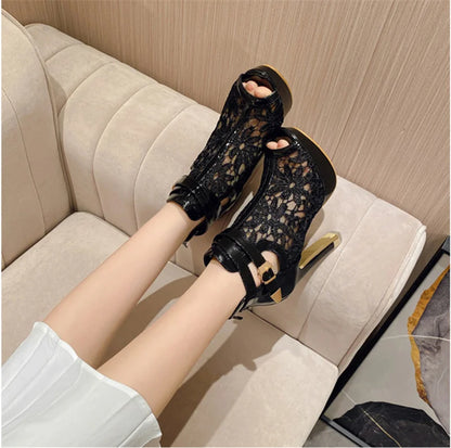Hlieny Autumn Sexy Mesh Fabric Platform High Heels Boots Sandals Women Peep Toe Nightclub Party Stiletto Female Shoes