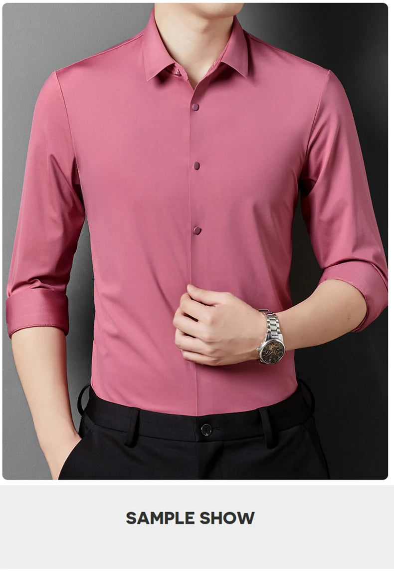 Men's High Quality Solid High Elasticity Seamless Comfortable Long Sleeve Shirts Slim Social Casual Business Formal Dress Shirt