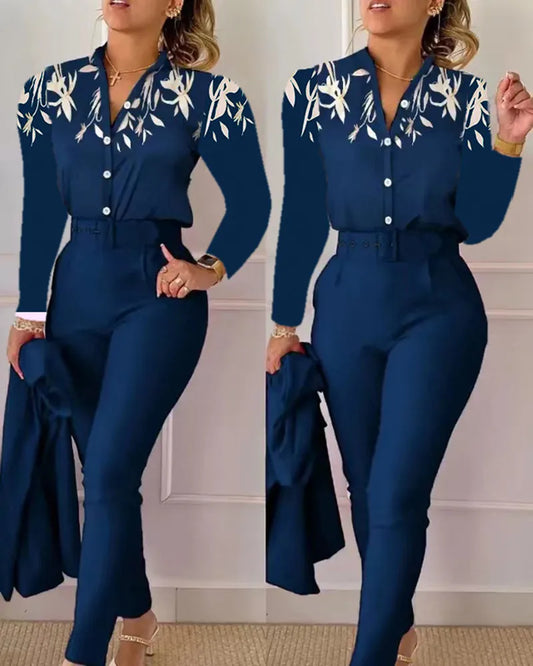 Women's Elegant Autumn/Winter Printed V-Neck Long Sleeve Button Shirt Top Fashion Solid Color Long Pants 2 Piece Set With Belt