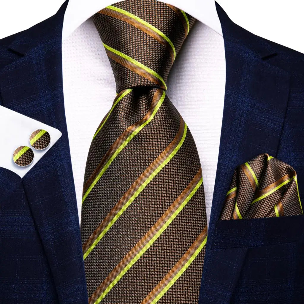 Hi-Tie Paisley Brown Tie For Men Elegant Mens Necktie Pocket Square Cufflink Groom Wedding Accessory Wholesale New Designer