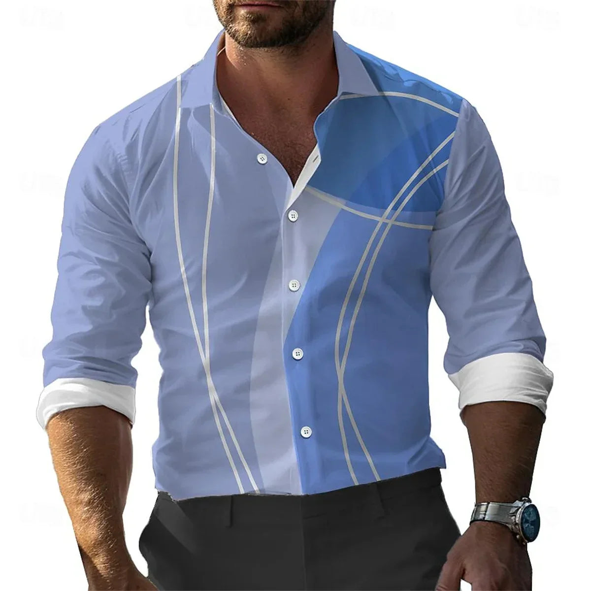 2024 Men's Solid Color Spliced 3D Printed Polo Collar Shirt Fashion Trend Casual Button Comfortable Clothing S-6XL