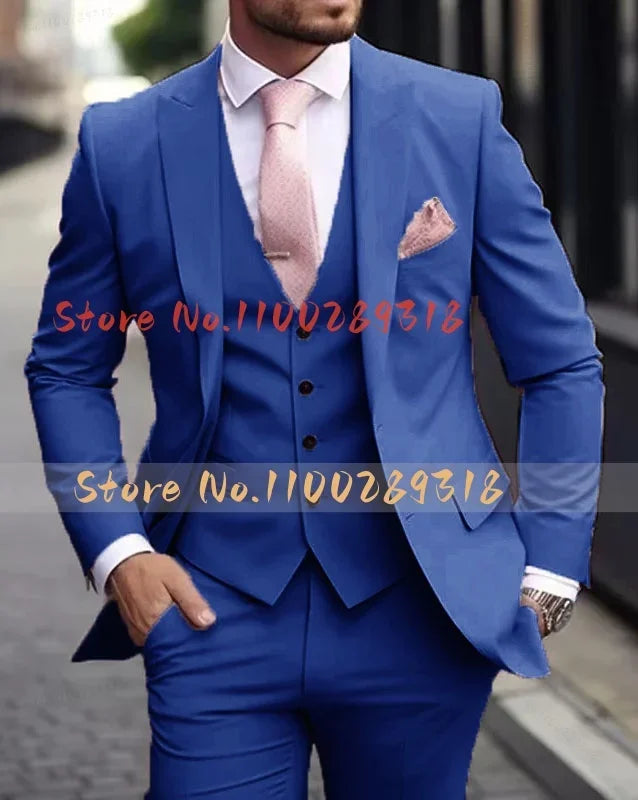 Pink Luxury Men's Suits Terno Formal Outfits 3 Piece Jacket Pants With Vest Slim Fit Luxury Costume Homme Formal Occasion Terno