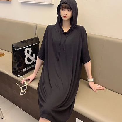 Spring Summer Hooded dress half sleeves Modal Casual Loose Long dress Solid colors female clothing streetwear