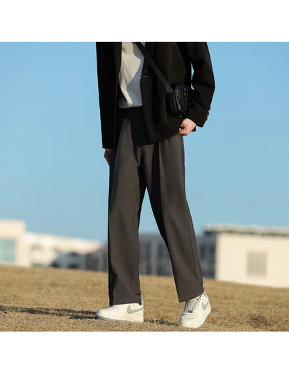 Spring Summer Men Suit Pants Wide Leg Long Drape Trousers Fashion Streetwear Clothing Solid Stretch Waist Oversize Pants Black