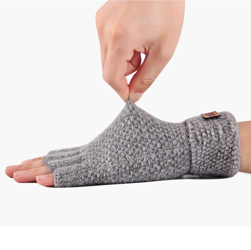 New Men Winter Wool Fingerless Gloves Half Finger Writting Office Knitted Alpaca Warm Leather Label Outdoor Thick Driving Gloves