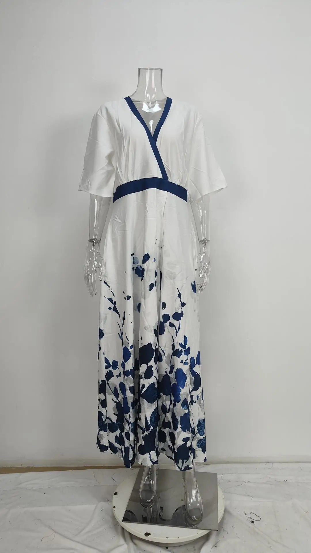 Spring Summer Women Fashion V Neck Belted Party Long Dress Sexy Printing  Boho Maxi Dresses Short Sleeve Pocket Femlae Holiday