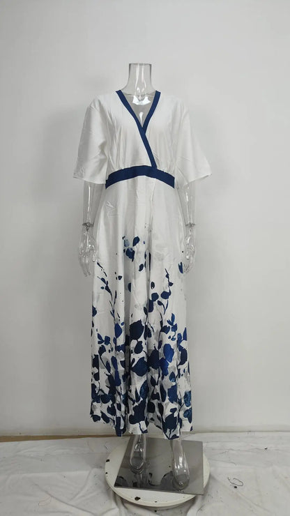 Spring Summer Women Fashion V Neck Belted Party Long Dress Sexy Printing  Boho Maxi Dresses Short Sleeve Pocket Femlae Holiday