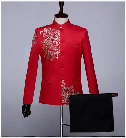 New Men Standing Collar Embroidered Suit 2 Piece Fashion Male Business Social Wedding Prom Stage Performance Dress Blazer Pant