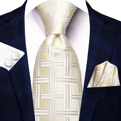 Hi-Tie Champagne Gold-color Silk Mens Elegant Ties Fashion Mens Necktie Pocket Square Cufflinks Set Business Party Wedding