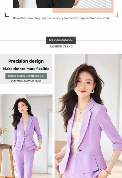 2024 Summer New Women's Petite Casual Seven-Half Sleeve Professional Workwear Purple Thin Suit Jacket Pants Set