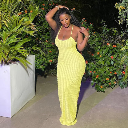 ANJAMANOR Halter Backless Maxi Summer Dresses for Women 2023 Sexy Beach Vacation Outfits Yellow Frilled Slit Long Dress D96-BH26
