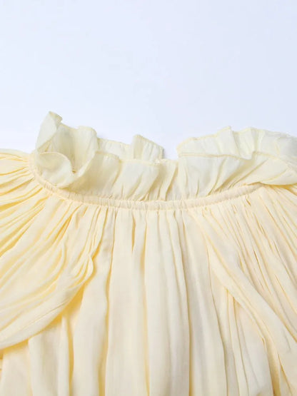 TWOTWINSTYLE Elegant Solid Dresses For Women V Neck Cloak Sleeves High Waist Spliced Lace Up Ruffles Pleated Dress Female Summer