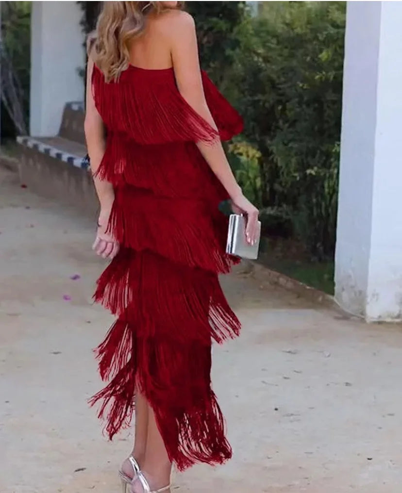 Spring and Summer New Fashion Fringed Slanted Shoulder Asymmetrical Dress for Women