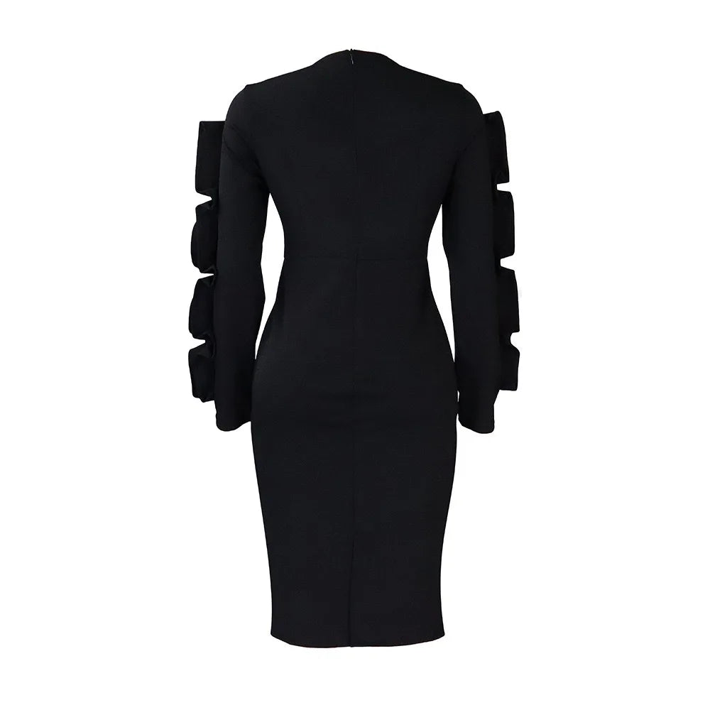 Elegant Office Dresses for Woman 2024 New O Neck Petal Sleeve Sheath Package Hips Mid Calf Formal Business Work Wear Dress Midi