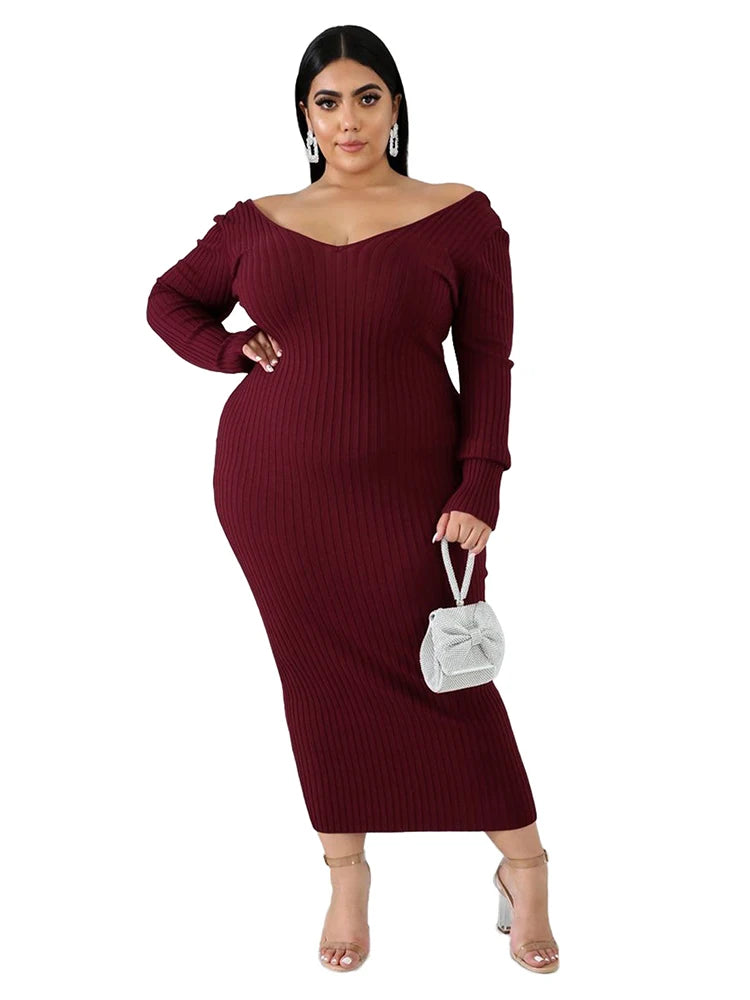 Ladies Knitted Sweater Dress Midi Dress Long Sleeves Chic and Elegant Plus Size Dresses for Women 4xl 5xl
