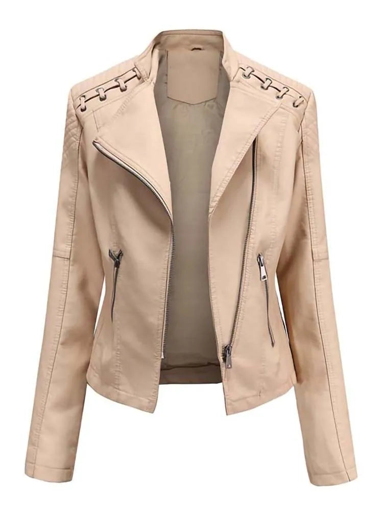 Women's Faux Leather Jackets Autumn Winter Long Sleeve Zipper Slim Motorcycle Biker Leather Coat Loose Fashion Outwear Tops