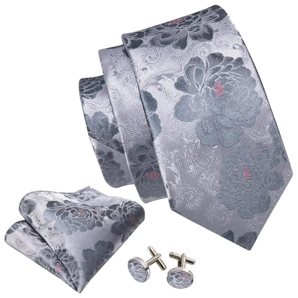 Barry.Wang Black White Gray Silver Silk Men Tie Handkerchief Cufflinks Set Jacquard Necktie for Male Wedding Business Party Gift