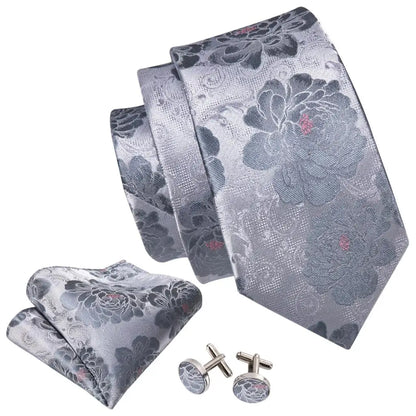 Barry.Wang Black White Gray Silver Silk Men Tie Handkerchief Cufflinks Set Jacquard Necktie for Male Wedding Business Party Gift