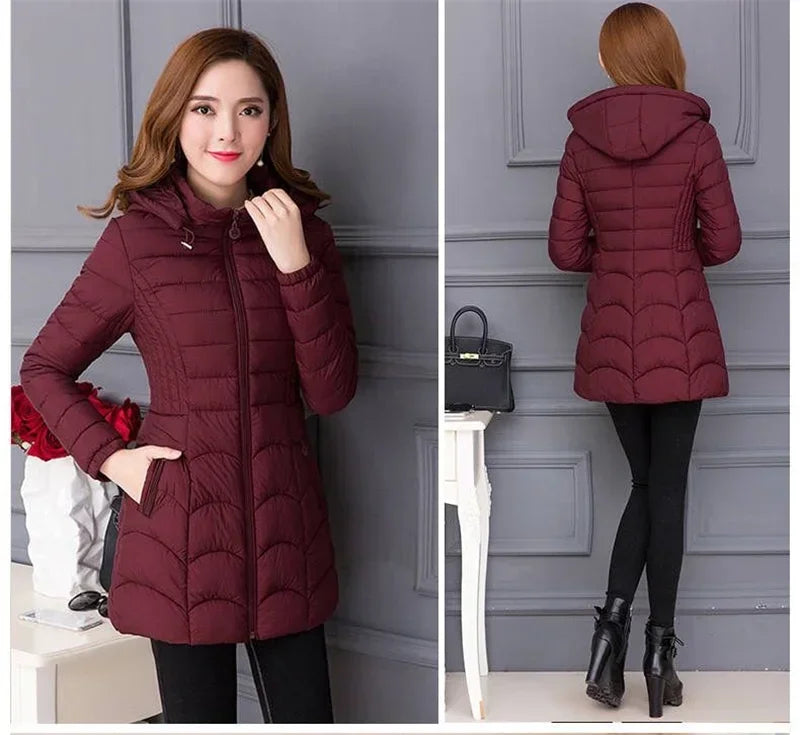 2024Fashion Middle Age Mother Slim Down Cotton Hooded Jacket Plus Size Casual Solid WarmThick Outwear Parka Winter Coat Women