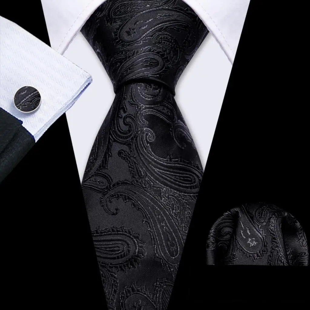 Barry.Wang Black White Gray Silver Silk Men Tie Handkerchief Cufflinks Set Jacquard Necktie for Male Wedding Business Party Gift