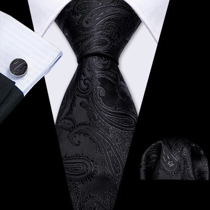 Barry.Wang Black White Gray Silver Silk Men Tie Handkerchief Cufflinks Set Jacquard Necktie for Male Wedding Business Party Gift