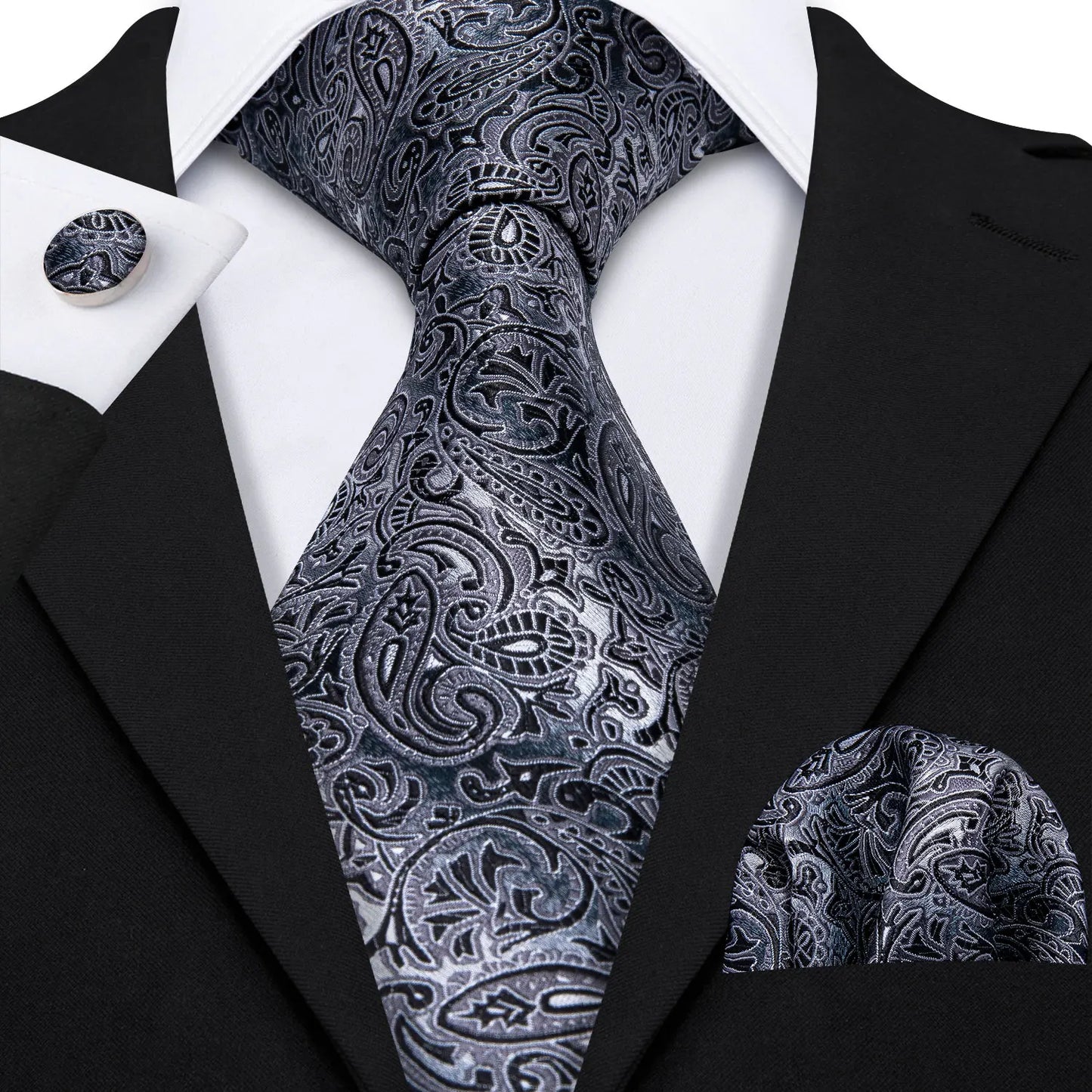 Barry.Wang Black White Gray Silver Silk Men Tie Handkerchief Cufflinks Set Jacquard Necktie for Male Wedding Business Party Gift