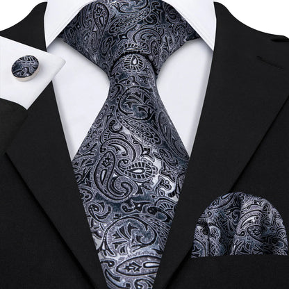 Barry.Wang Black White Gray Silver Silk Men Tie Handkerchief Cufflinks Set Jacquard Necktie for Male Wedding Business Party Gift