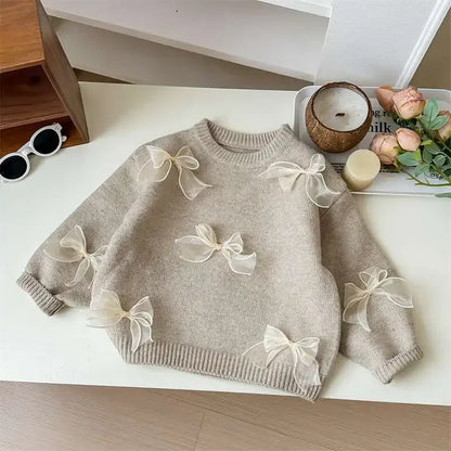 Korean Style Children Clothing Autumn New Girl Baby Toddler Solid Bow Sweaters Winter Fashion Sweet Kid Princess Knitted Sweater
