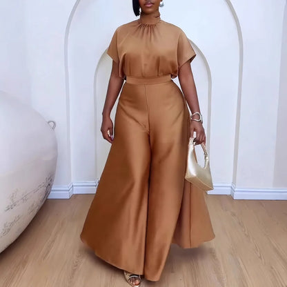 CM.YAYA Women's Set satin Short Sleeve Turtleneck Shirt+wide Leg Pants 2024 Fall Streetwear OL Two 2Piece Sets Outfits Tracksuit