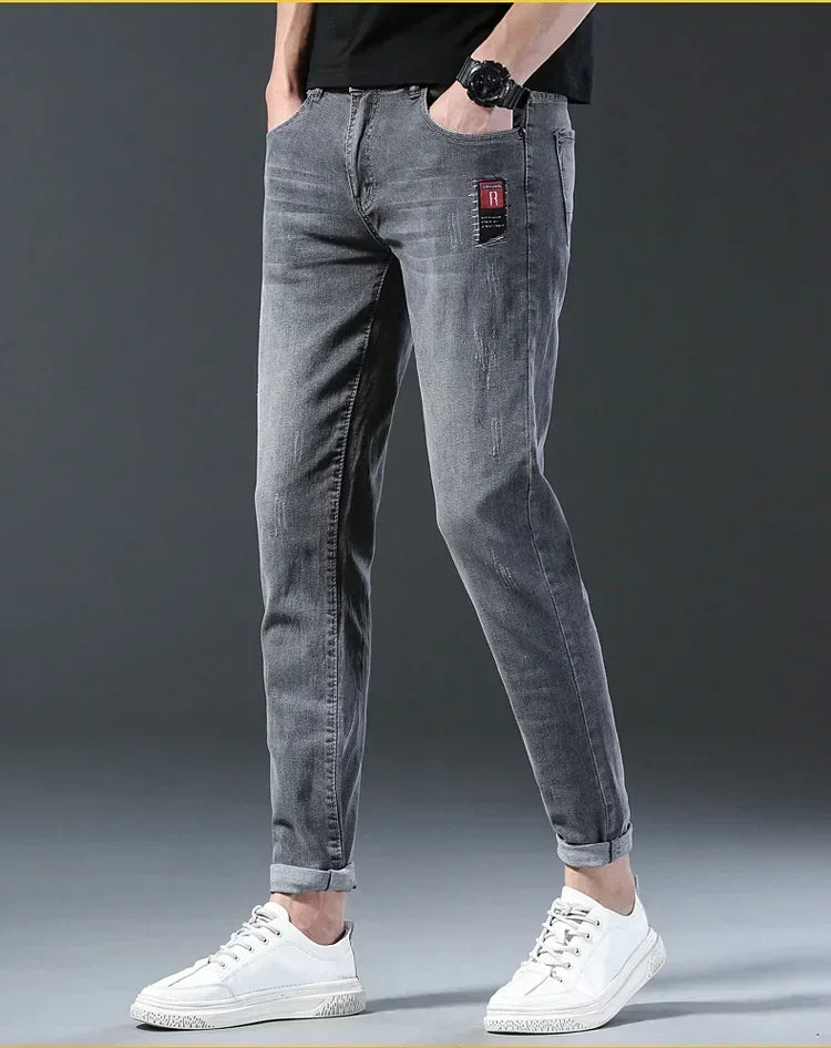 New Men's Denim Pants Slim Straight Gentleman Size 27-38 Slacks Fashion European American Style Stretch Men Luxury Jeans Grey