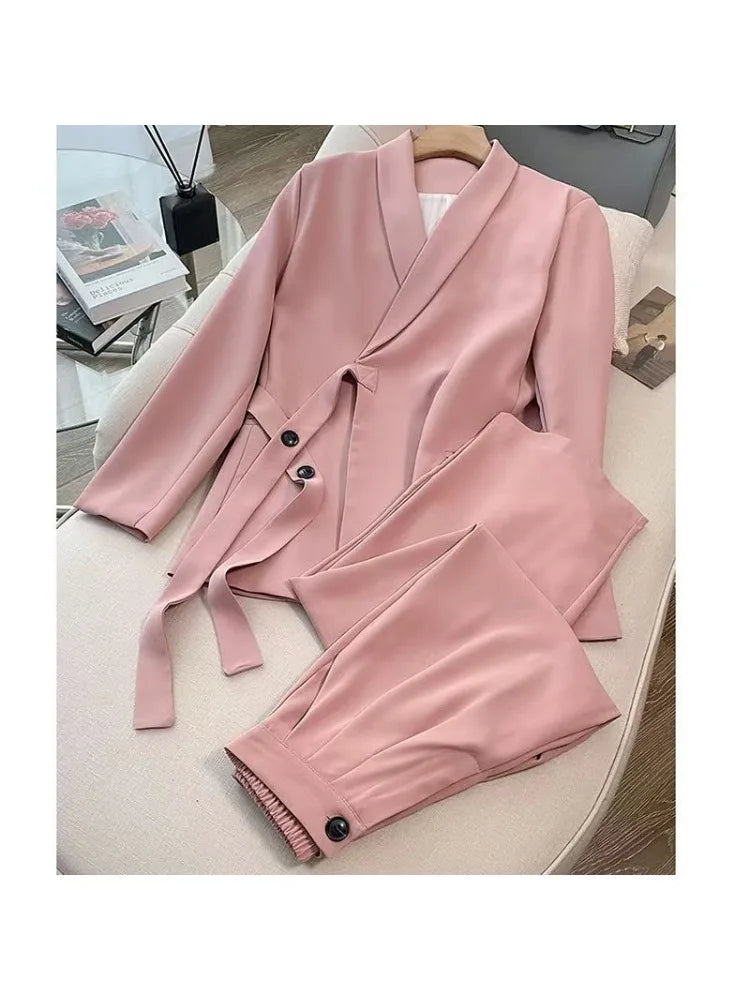 Women's Korean Fashion Long Sleeve Blazer And Wide Leg Pants Two-Piece Set Office Casual Loose Fit Spring Autumn Suits