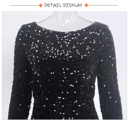 Romagic Elegant Women Modest Stretch Sequin Royal Blue Wedding Prom Gown Long Sleeves Mermaid Formal Evening Party Dress 2025